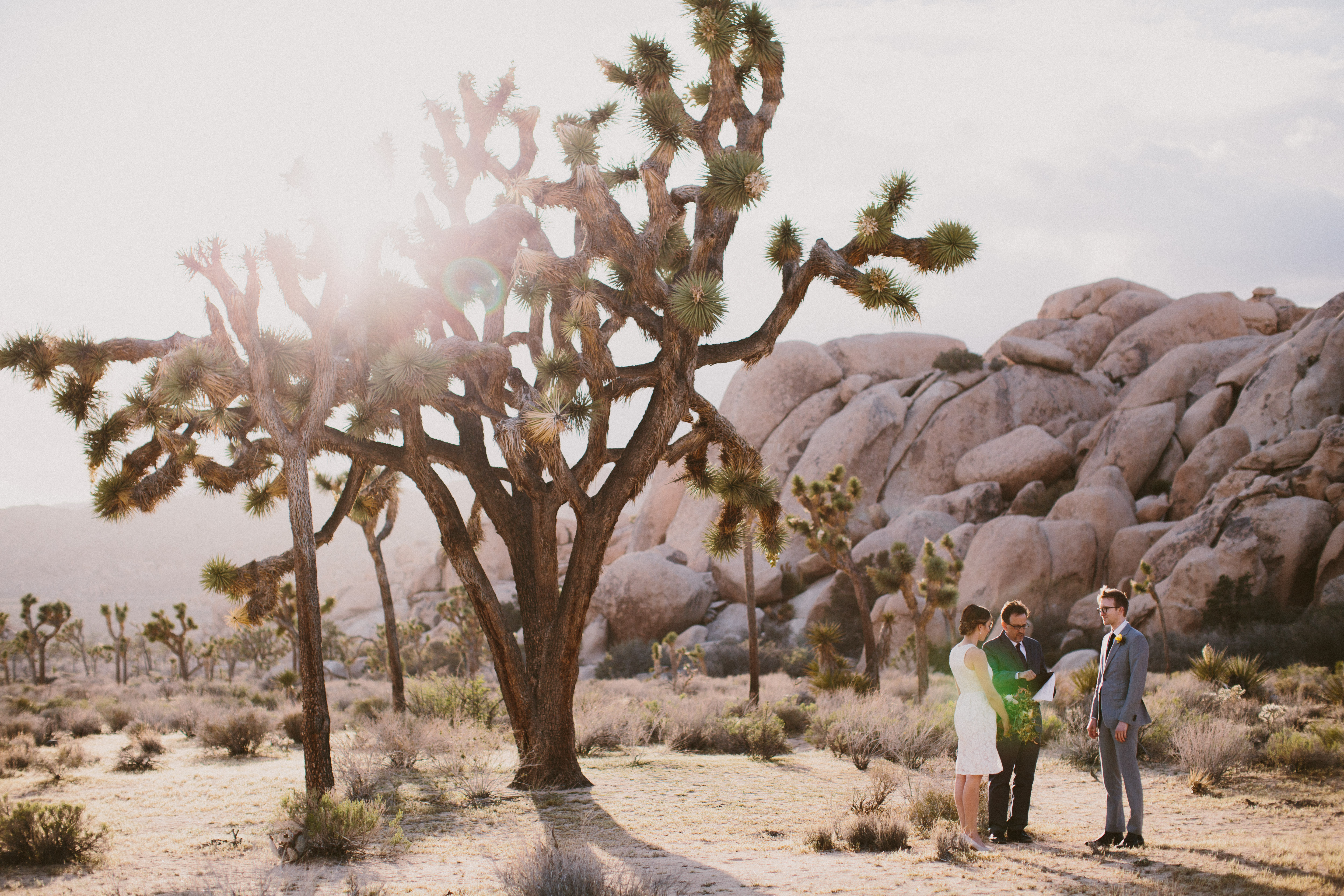 Bride and Groom exchanging vows. Desert wedding at sunset. Wedding at Joshua Tree. Moxie Bright Events.