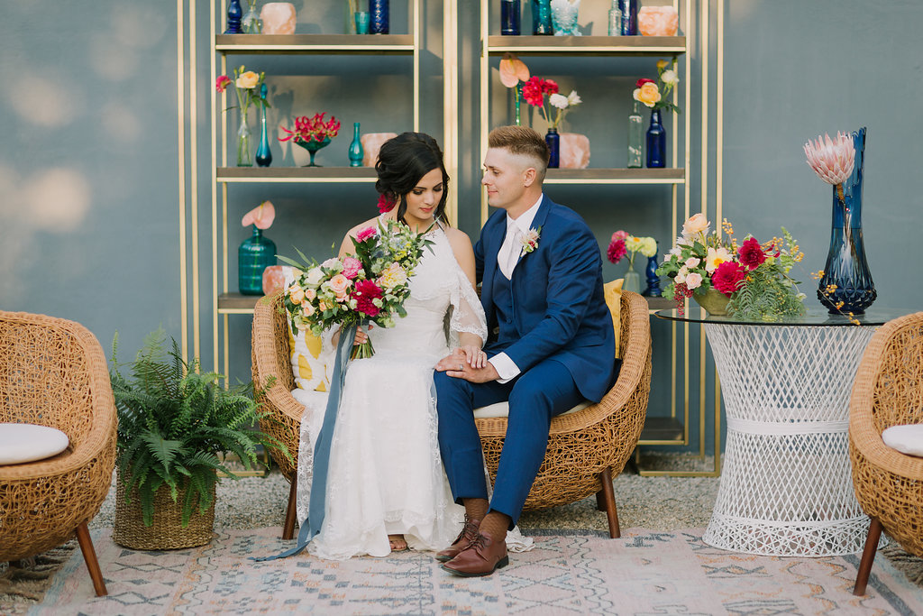 bride and groom at City Libre, mid century modern wedding inspiration, Moxie Bright Events